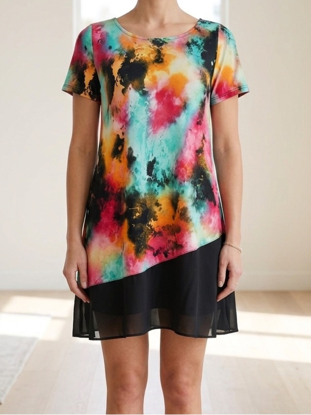 Emerald Watercolor Tunic Dress M Abstract Tie Dye Short Sleeve Chiffon Hem EUC